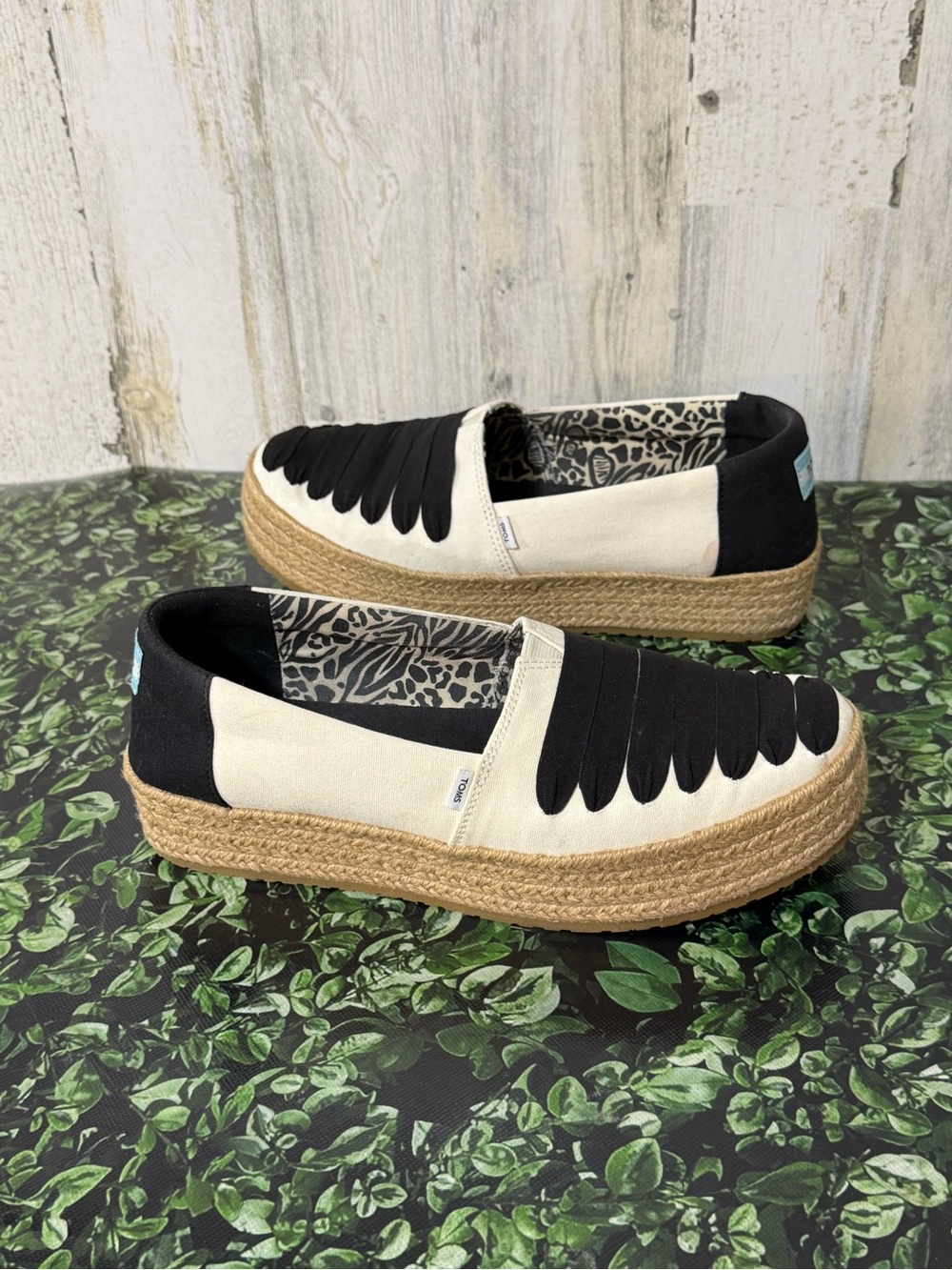 Toms Cream and Black Espadrille Platform Slip-On